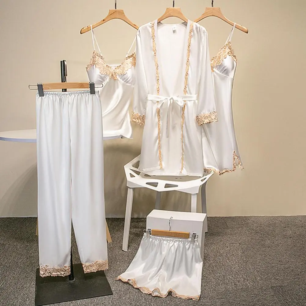 5 Pcs/Set Women Nightgown Pajamas Set Nightdress Top Shorts Pants Set Silky Satin Suspender Nightgown And Trousers Set Nightwear