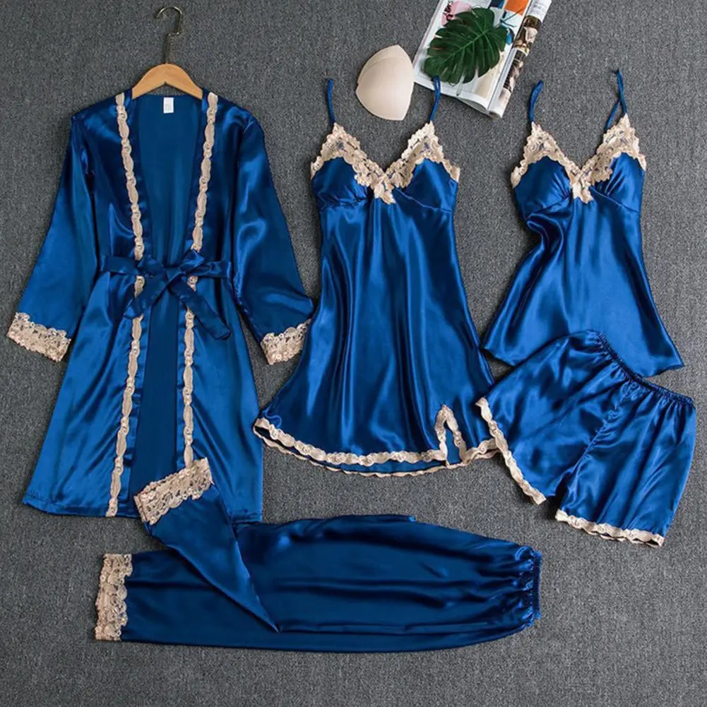 5 Pcs/Set Women Nightgown Pajamas Set Nightdress Top Shorts Pants Set Silky Satin Suspender Nightgown And Trousers Set Nightwear