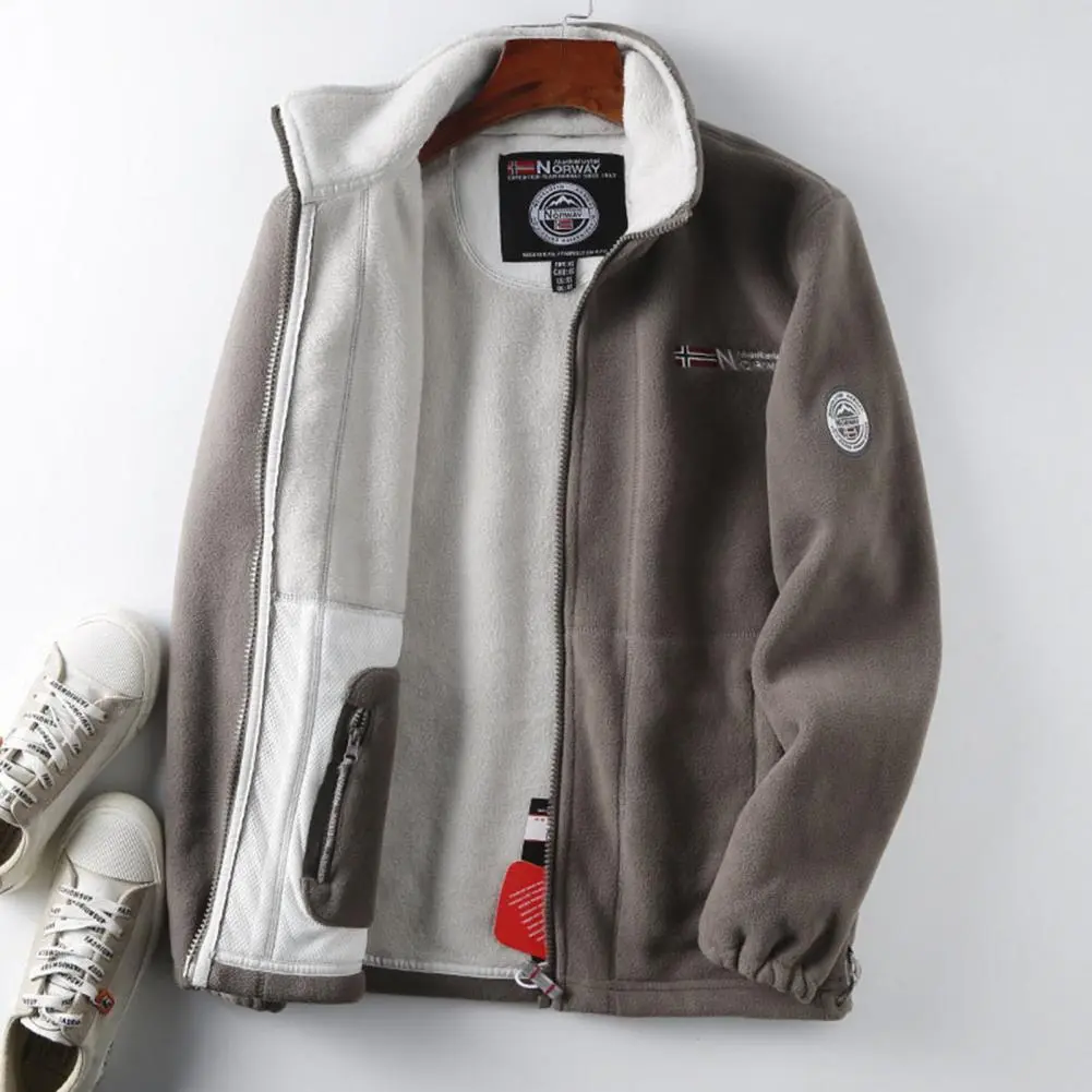2025 M-3XL Men Winter Fleece Jacket with Pocket Long Sleeve Stand Collar Zip Up Thick Warm Heat Retention Outdoor Fleece Jacket
