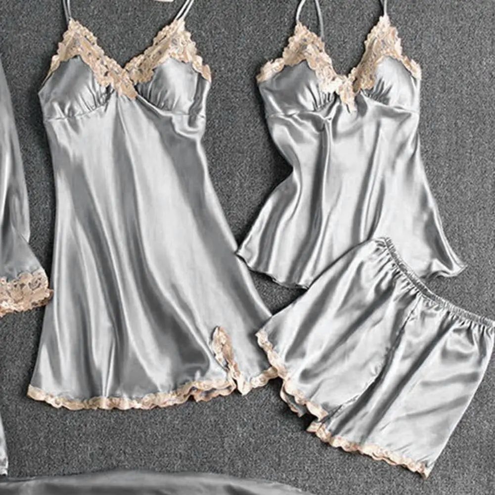 5 Pcs/Set Women Nightgown Pajamas Set Nightdress Top Shorts Pants Set Silky Satin Suspender Nightgown And Trousers Set Nightwear