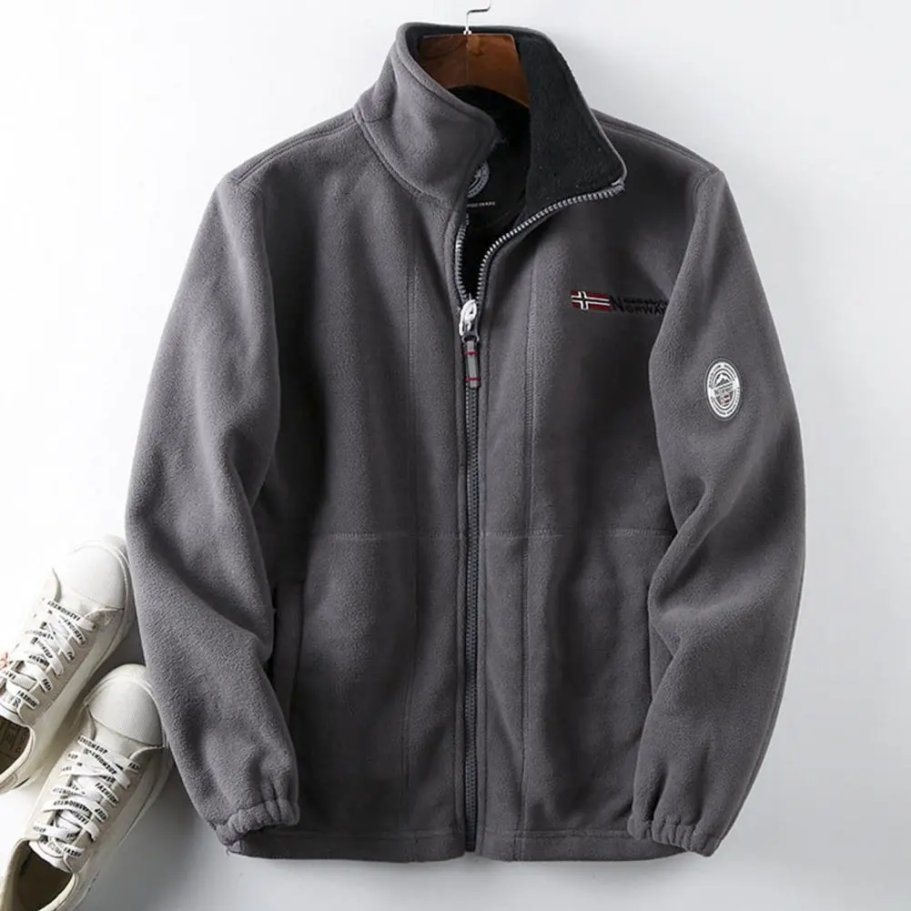 2025 M-3XL Men Winter Fleece Jacket with Pocket Long Sleeve Stand Collar Zip Up Thick Warm Heat Retention Outdoor Fleece Jacket