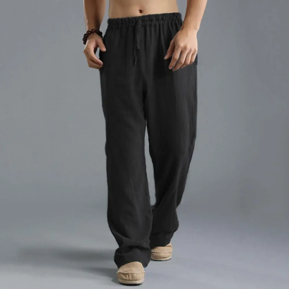 Men Pants European And American Washed Cotton Linen Pants Breathable Casual Sports Pants Elastic Waist Straight Leg Trousers