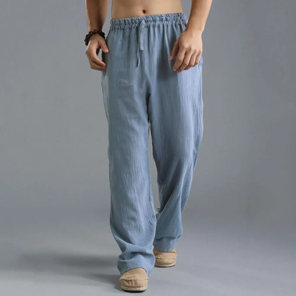 Men Pants European And American Washed Cotton Linen Pants Breathable Casual Sports Pants Elastic Waist Straight Leg Trousers