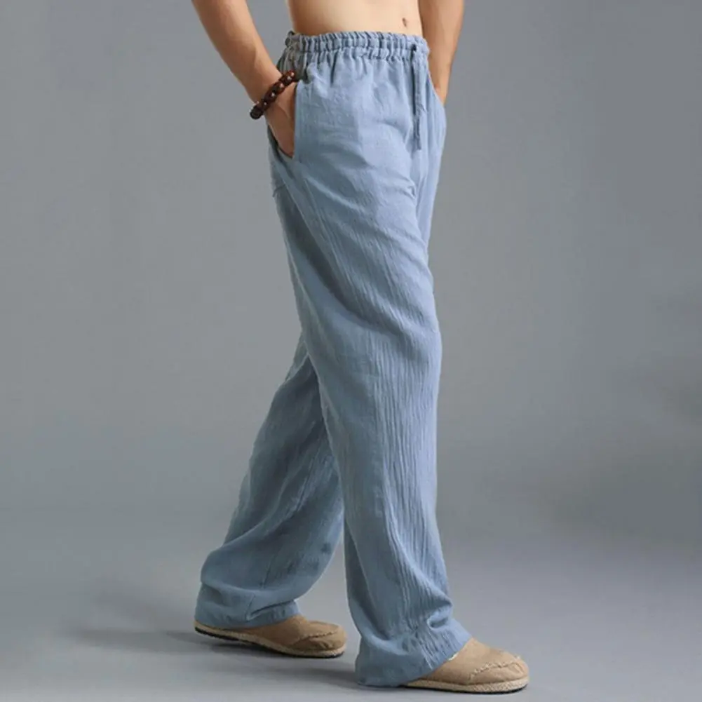 Men Pants European And American Washed Cotton Linen Pants Breathable Casual Sports Pants Elastic Waist Straight Leg Trousers