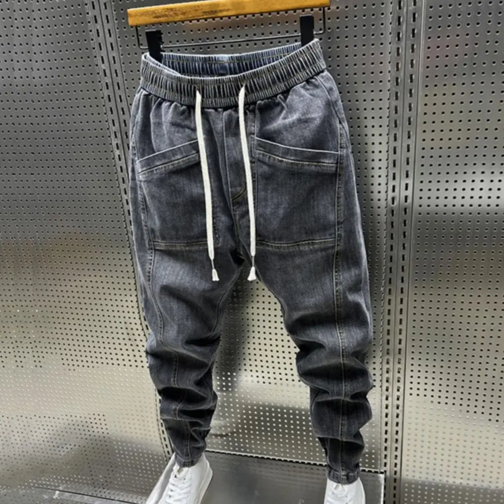 Men Jeans Cargo Harem Denim Pants Drawstring Waist Men's Hip Hop Casual Pants Running Workout Long Pants Men Jogger Sweatpants