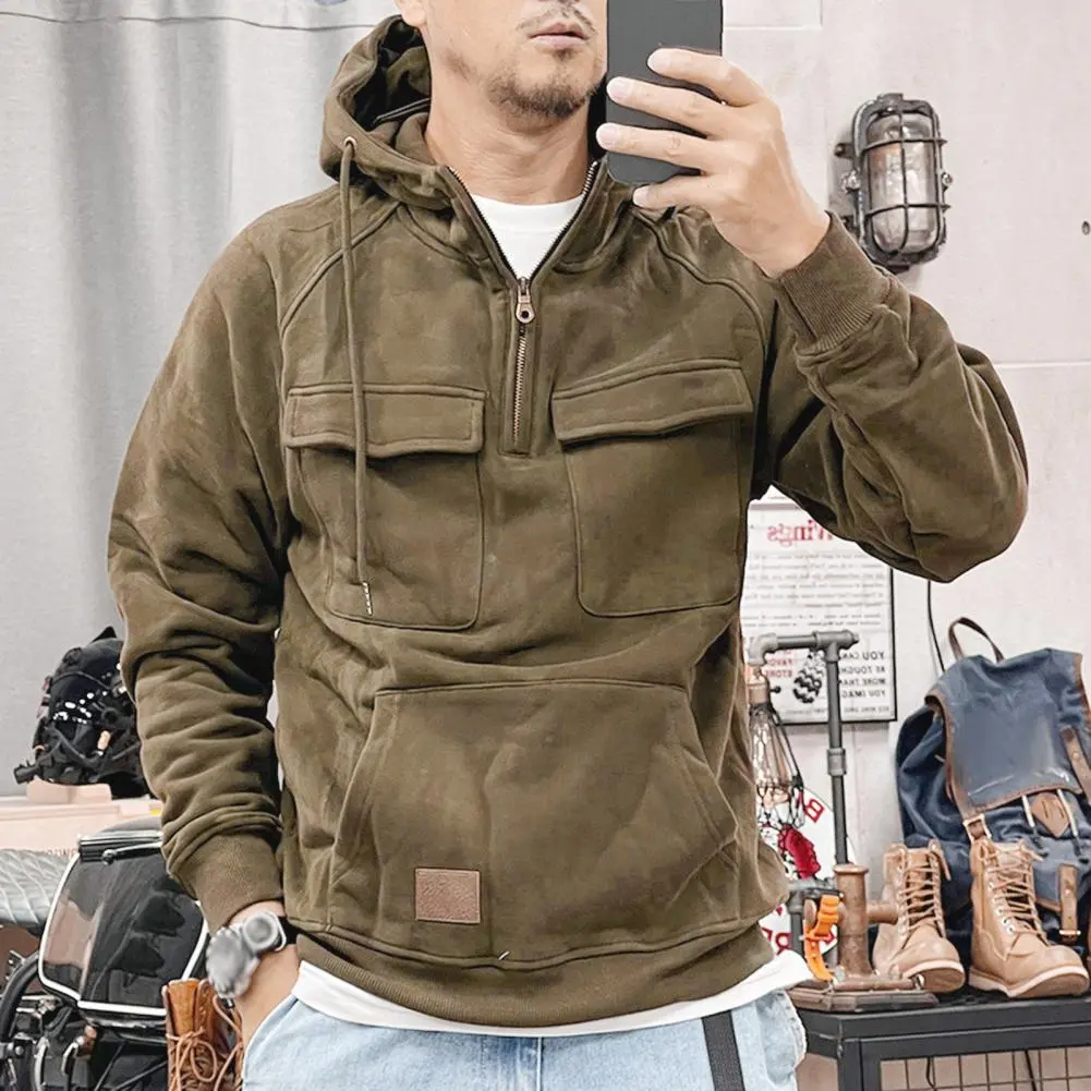 Vintage Men Cargo Sweatshirt Zipper Neck Drawstring Hooded Streetwear Hoodie Chest Pockets Fashion Casual Men Hoodie Pullover