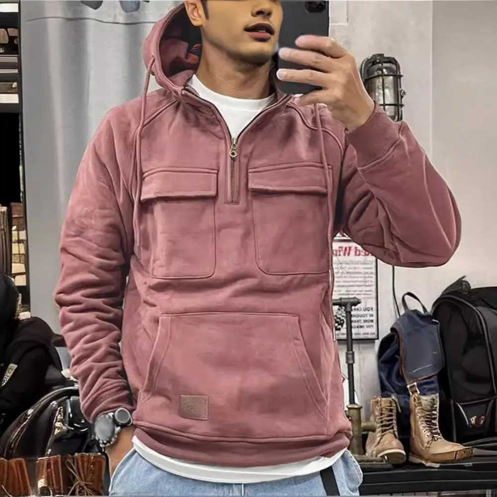 Vintage Men Cargo Sweatshirt Zipper Neck Drawstring Hooded Streetwear Hoodie Chest Pockets Fashion Casual Men Hoodie Pullover