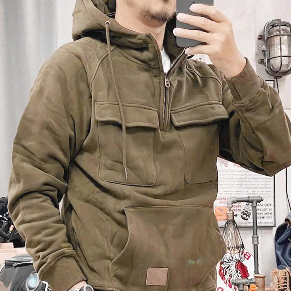 Vintage Men Cargo Sweatshirt Zipper Neck Drawstring Hooded Streetwear Hoodie Chest Pockets Fashion Casual Men Hoodie Pullover