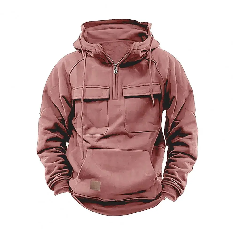 Vintage Men Cargo Sweatshirt Zipper Neck Drawstring Hooded Streetwear Hoodie Chest Pockets Fashion Casual Men Hoodie Pullover