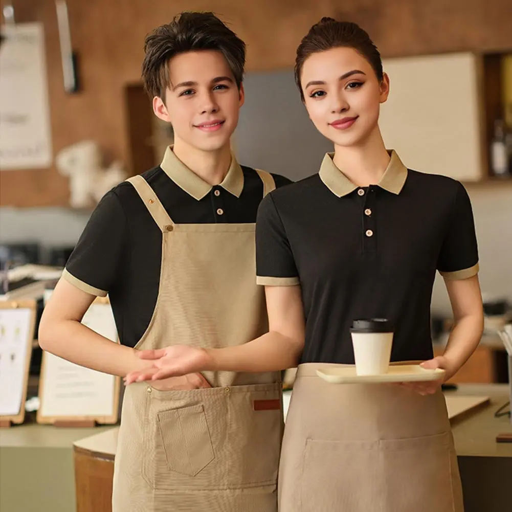 Coffee Waiter Uniform Button Lapel Solid Color Short Sleeves House Hotel Dinner Waiteress Shirt Lapel Collar Workout Shirt