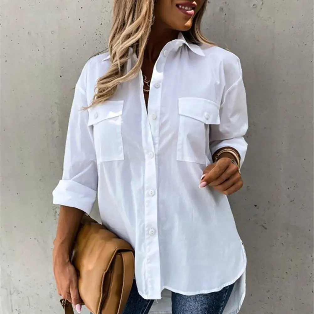 Fashion Women Shirts White Lady Long Sleeve Shirt Two Pockets Casual Turn-down Collar Blouses Loose Office Shirt blusas mujer