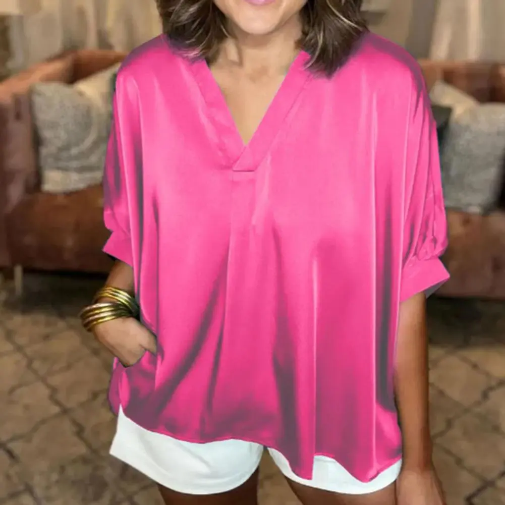 Women Short Sleeve Shirt V-neck Puff Short Sleeve Regular Fit Women Shirt Solid Color Casual Shirt Loose Office Lady Workwear
