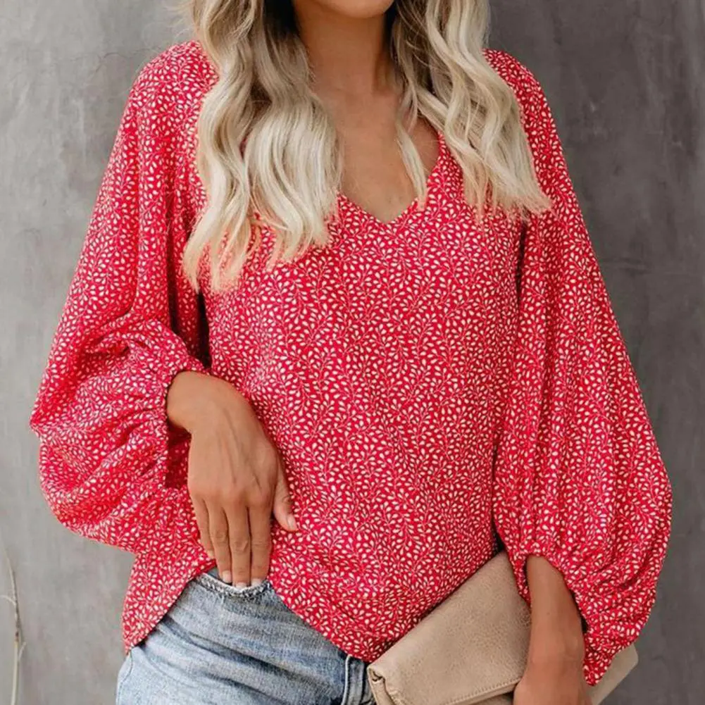 Women Blouse V Neck Vintage Printed Women's Oversized Shirts Lantern Sleeve Blouses Fashion Elegant Youth Female Tops Streetwear