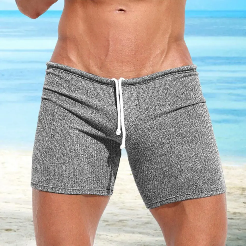 2025 M-3XL Summer Men Shorts Drawstring Elastic Waist Slim Fit Above Knee Length Solid Color Vacation Beach Sport Casual Homewea