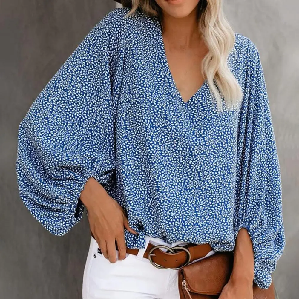 Women Blouse V Neck Vintage Printed Women's Oversized Shirts Lantern Sleeve Blouses Fashion Elegant Youth Female Tops Streetwear