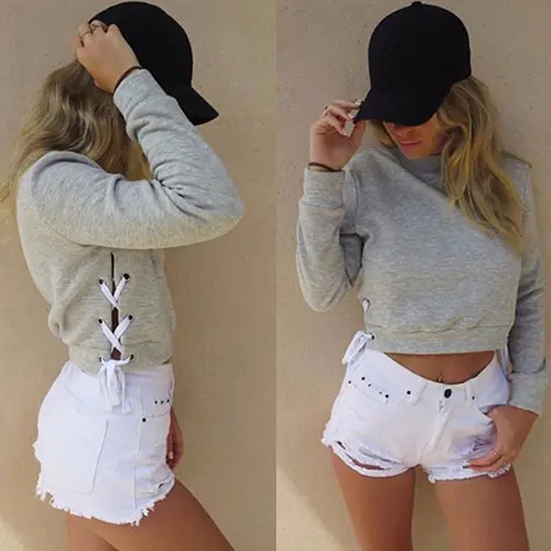 Women Sexy Short Top Long Sleeve Pure Color Pullover Slim Blouse Hoodie Sweather