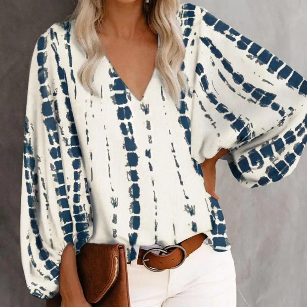 Women Blouse V Neck Vintage Printed Women's Oversized Shirts Lantern Sleeve Blouses Fashion Elegant Youth Female Tops Streetwear