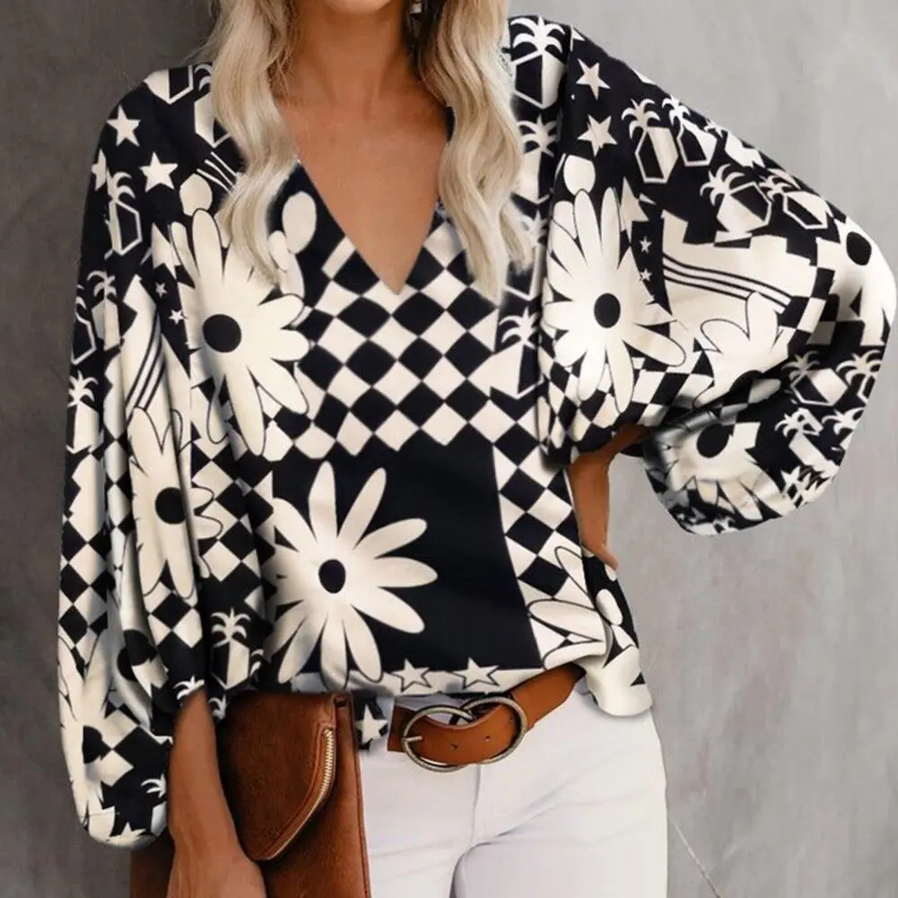 Women Blouse V Neck Vintage Printed Women's Oversized Shirts Lantern Sleeve Blouses Fashion Elegant Youth Female Tops Streetwear