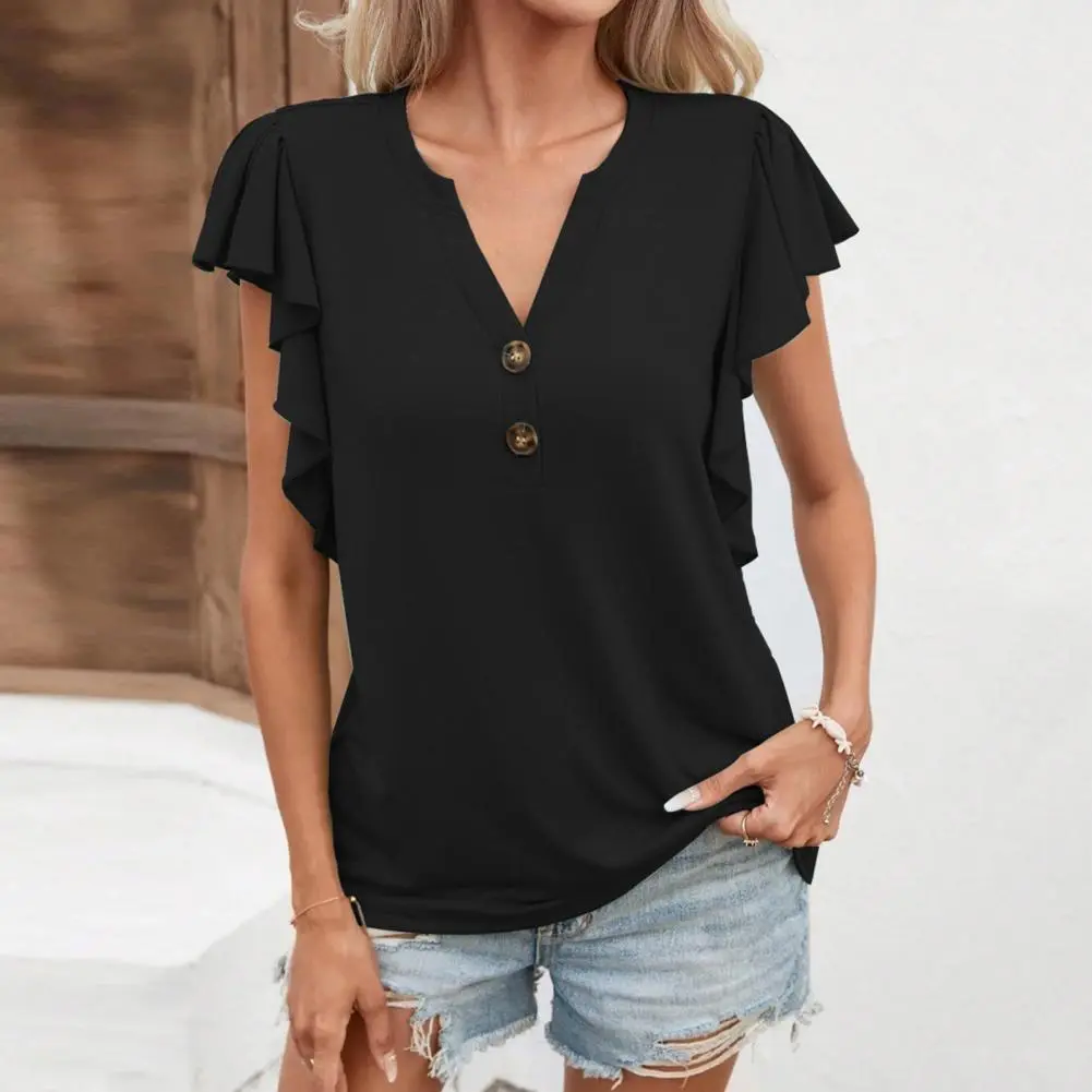 Women T-shirt V-Neck Buttons Ruffled Short Sleeve Blouse Elegant Ruffle Sleeve Shirt Loose Fit T-shirt Summer Lady Casual Tshirt