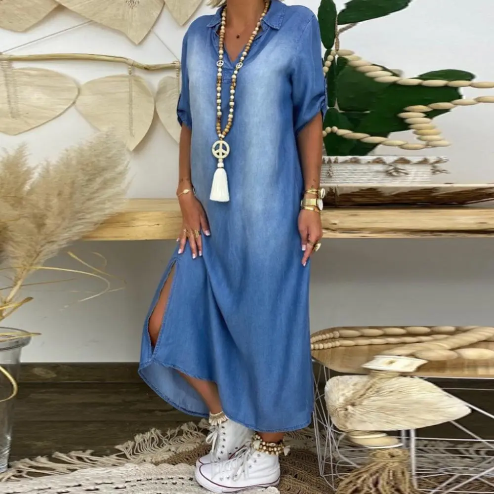 Women Denim Dress Vintage Summer V Neck Half Sleeve Side Slitting Hem Loose Maxi Dress Mid Sleeve Washed Split Denim Dress