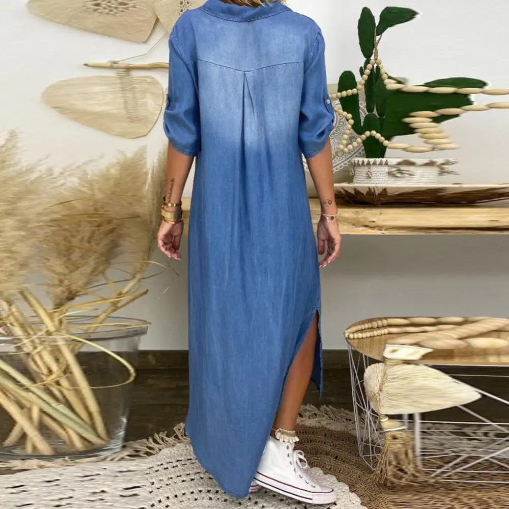 Women Denim Dress Vintage Summer V Neck Half Sleeve Side Slitting Hem Loose Maxi Dress Mid Sleeve Washed Split Denim Dress