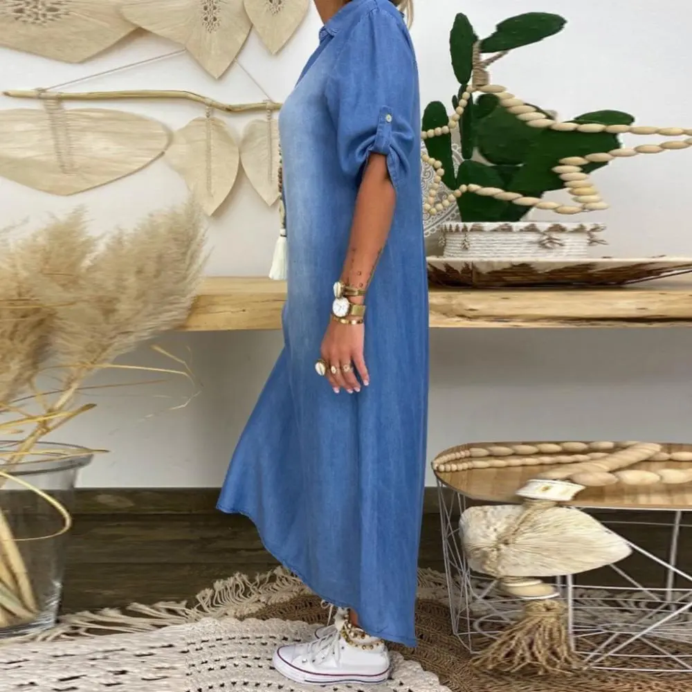 Women Denim Dress Vintage Summer V Neck Half Sleeve Side Slitting Hem Loose Maxi Dress Mid Sleeve Washed Split Denim Dress