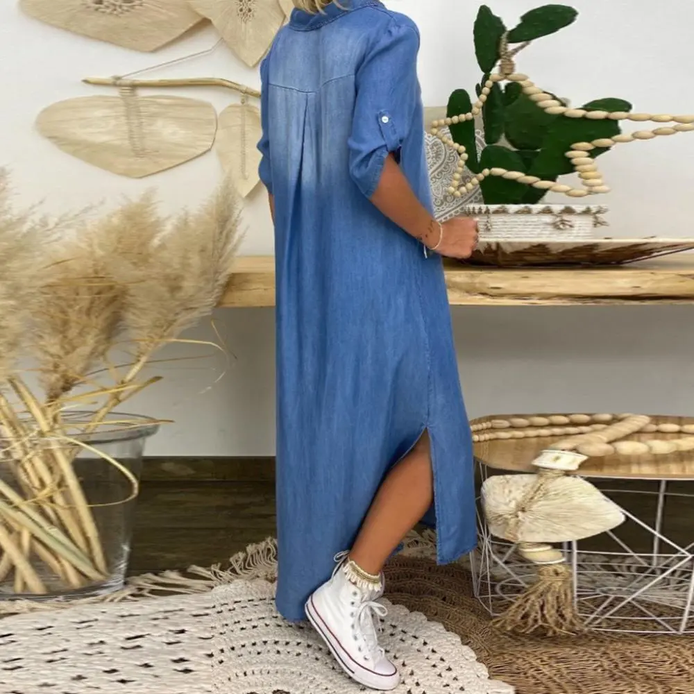 Women Denim Dress Vintage Summer V Neck Half Sleeve Side Slitting Hem Loose Maxi Dress Mid Sleeve Washed Split Denim Dress