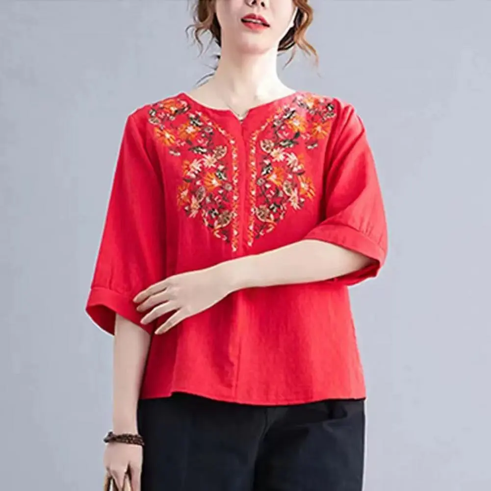 Cotton Linen Embroidery Floral Women Blouse Rural Style V-Neck Half Sleeve Spring Shirt Casual Shirt Summer Vintage Women Shirt