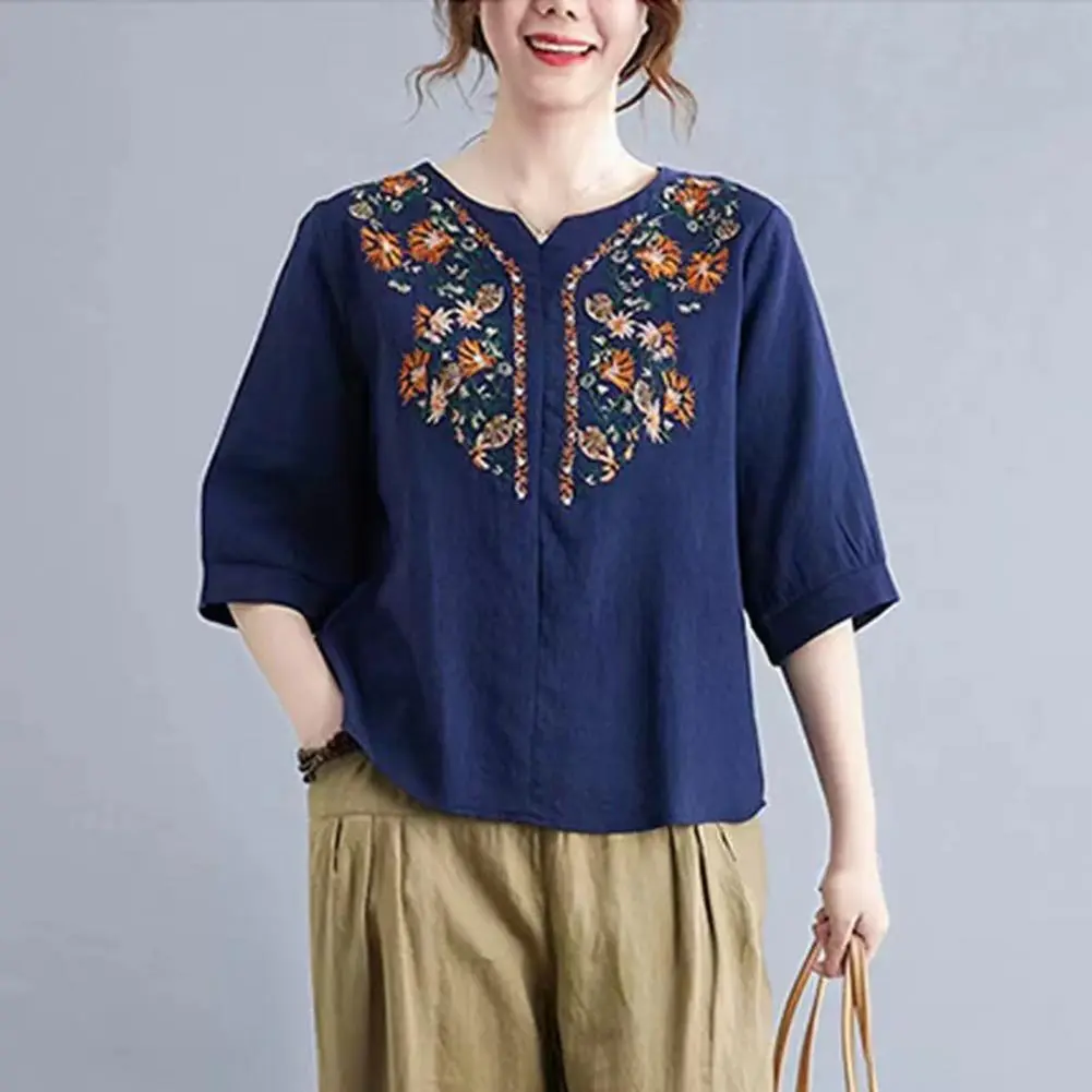 Cotton Linen Embroidery Floral Women Blouse Rural Style V-Neck Half Sleeve Spring Shirt Casual Shirt Summer Vintage Women Shirt
