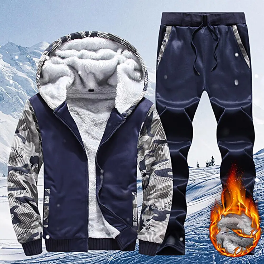 Men's Winter Jacket Set Male Tracksuit Fleece Lining Camouflage Print Sweatshirt Pants Down Jacket Man Casual Jacket Pants Set