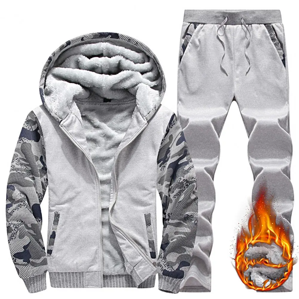 Men's Winter Jacket Set Male Tracksuit Fleece Lining Camouflage Print Sweatshirt Pants Down Jacket Man Casual Jacket Pants Set