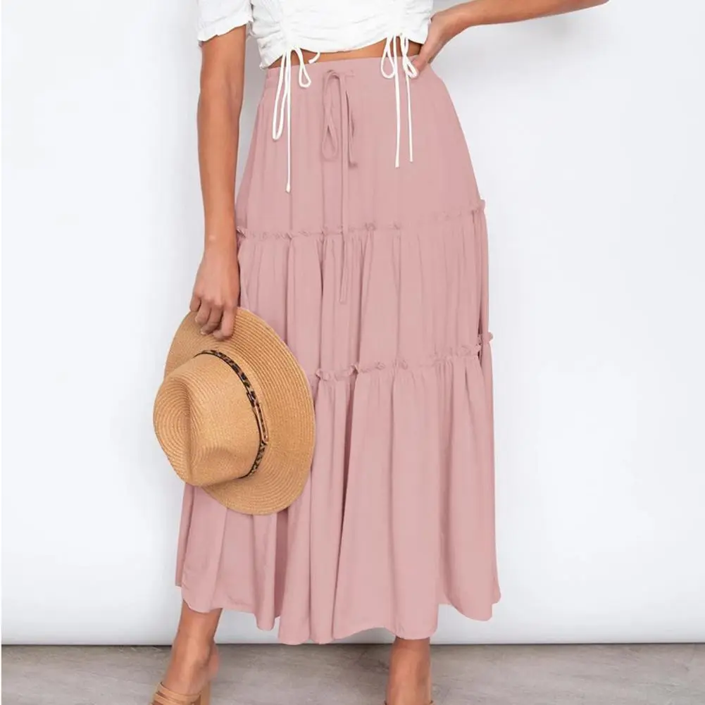 Pleated Skirt Korean Aesthetic Fairycore Long Skirts Boho Style A Line Ruffle Swing Beach Maxi Skirt High Waist Long Skirt
