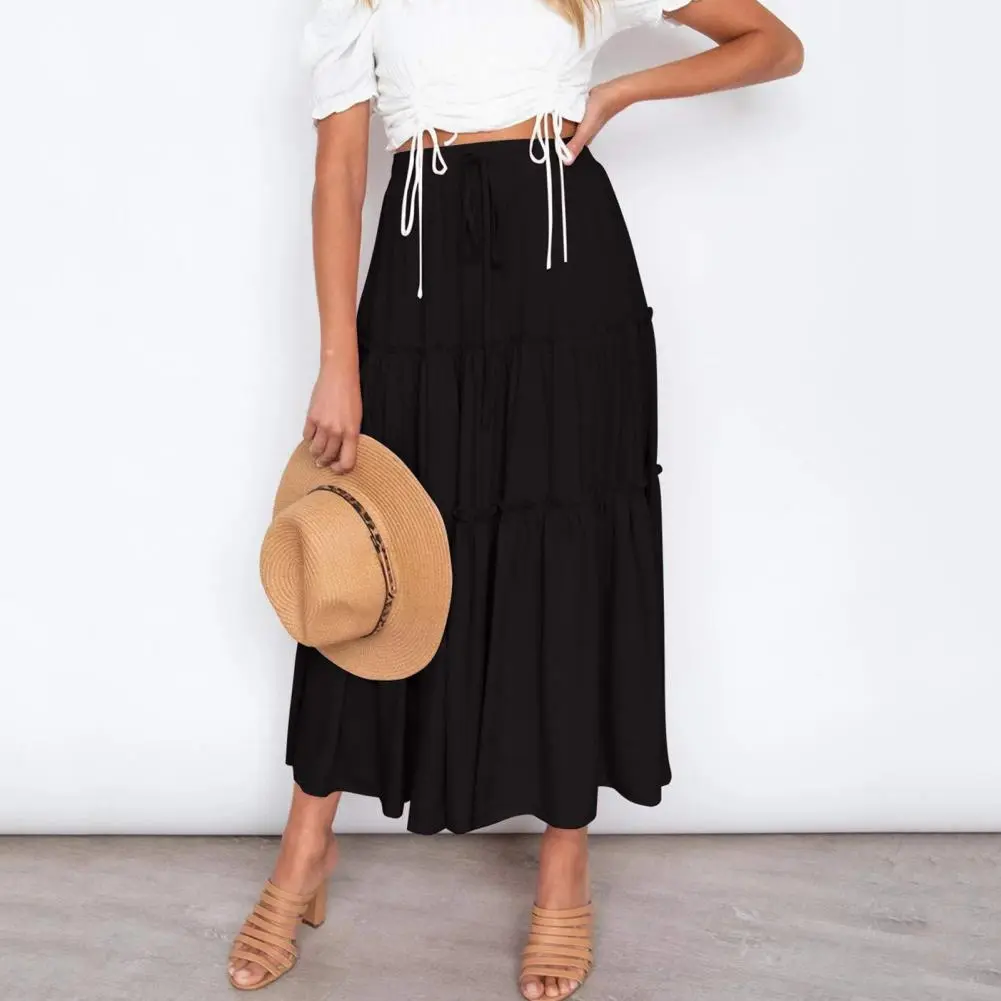 Pleated Skirt Korean Aesthetic Fairycore Long Skirts Boho Style A Line Ruffle Swing Beach Maxi Skirt High Waist Long Skirt