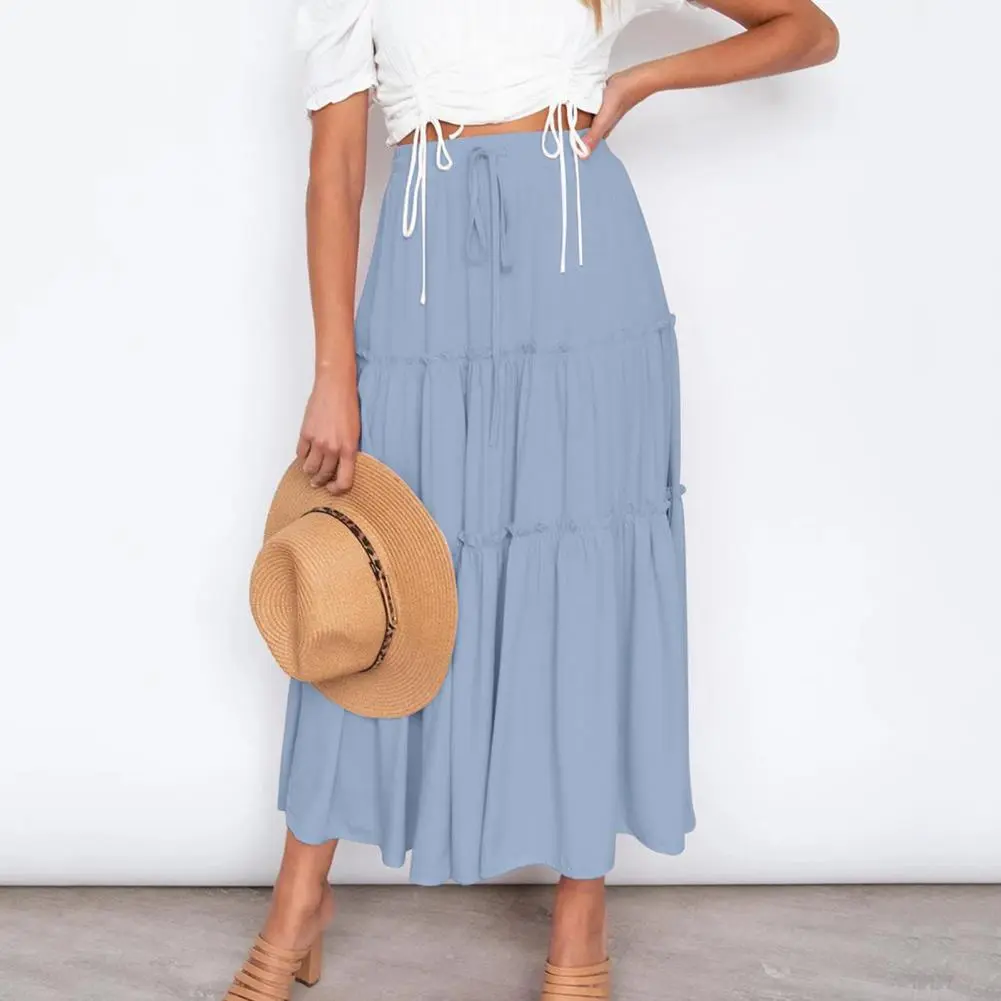 Pleated Skirt Korean Aesthetic Fairycore Long Skirts Boho Style A Line Ruffle Swing Beach Maxi Skirt High Waist Long Skirt