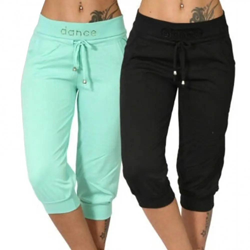 Leisure Yoga Cropped Pants Mid Length Women's Shorts Solid Color Slimming Drawstring Sports Shorts Small Leg Pencil Pants