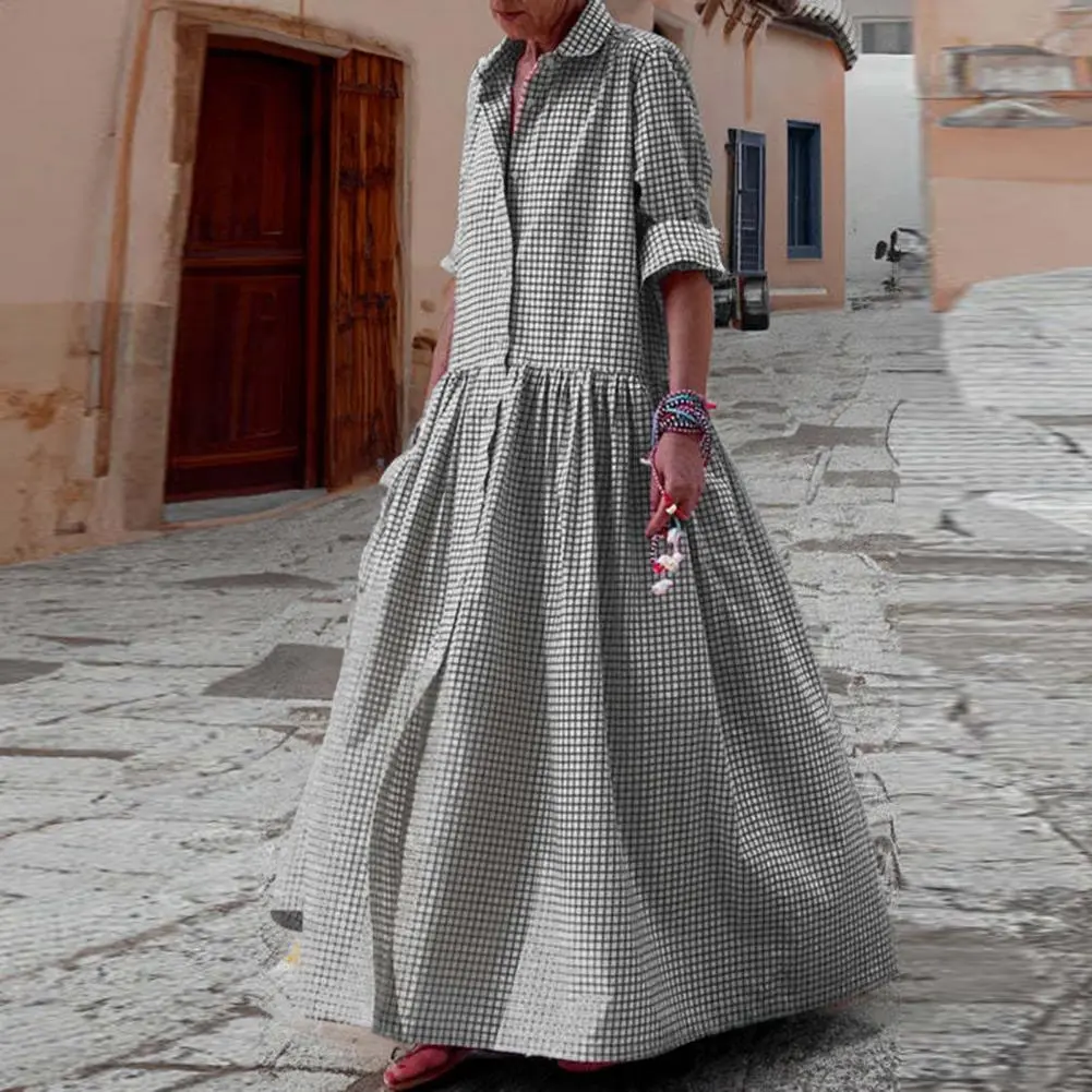 Lapel Plaid Print Women Shirt Dress Summer Elegant Party Dresses For Women 2023 Casual Full Length Lady Maxi Dres Pleated Dress