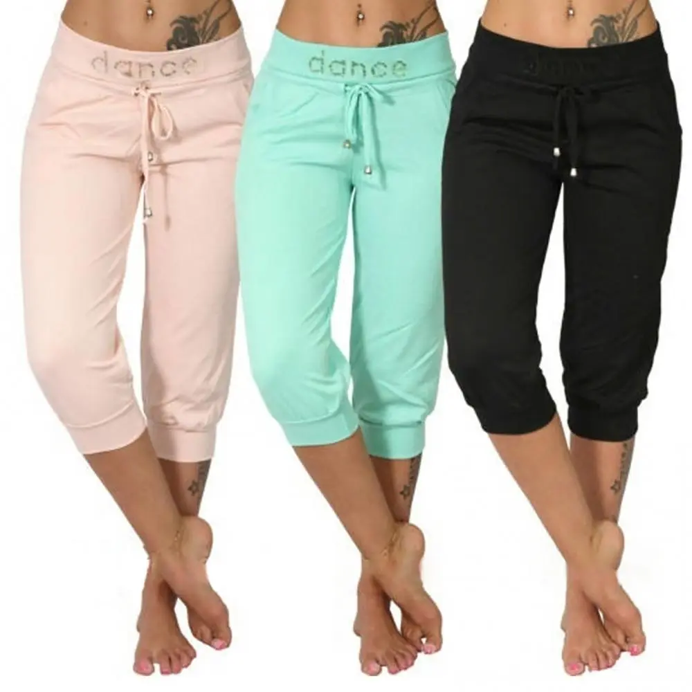 Leisure Yoga Cropped Pants Mid Length Women's Shorts Solid Color Slimming Drawstring Sports Shorts Small Leg Pencil Pants