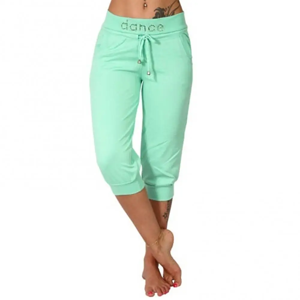 Leisure Yoga Cropped Pants Mid Length Women's Shorts Solid Color Slimming Drawstring Sports Shorts Small Leg Pencil Pants
