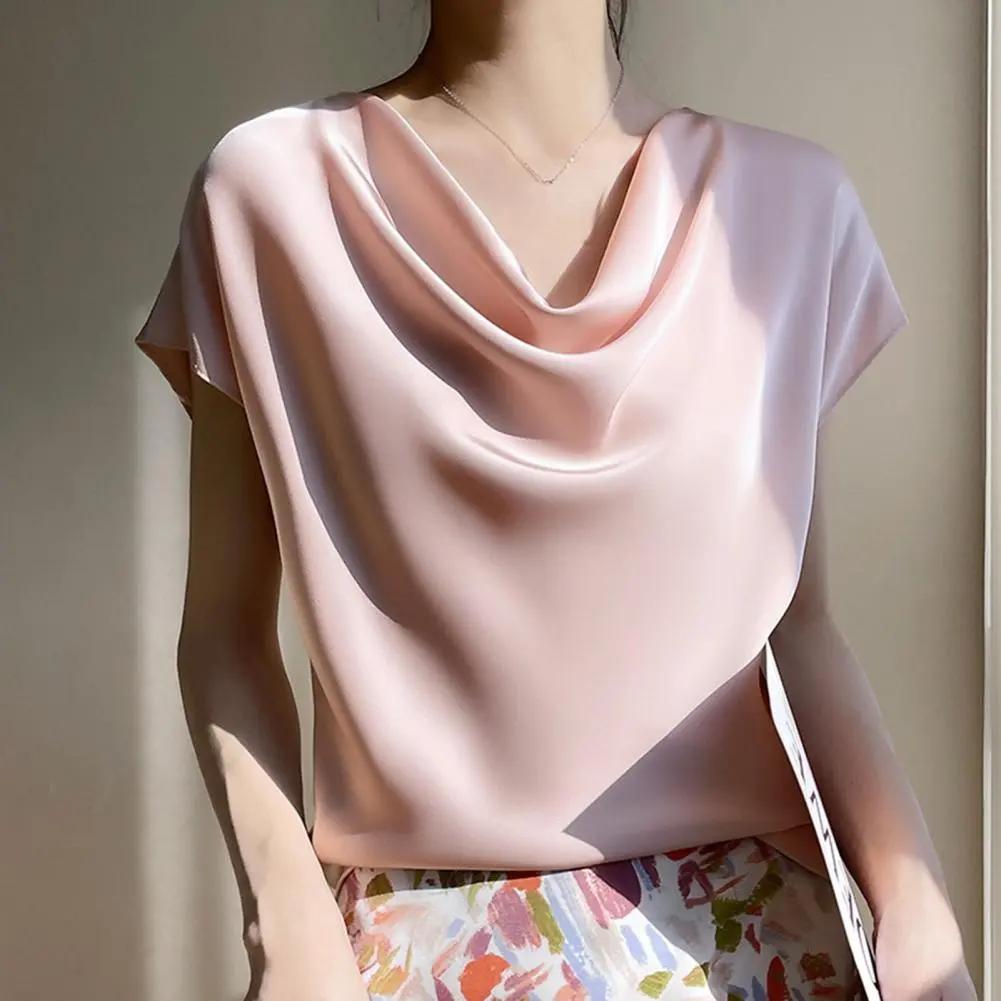 Smooth Satin Women Blouse Summer Piled Collar Short Sleeve Tank Tops Solid Color Women Slim Fit Blouse Versatile Women Blous Top