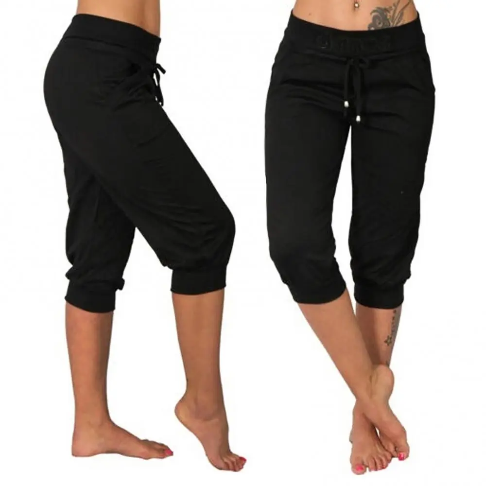 Leisure Yoga Cropped Pants Mid Length Women's Shorts Solid Color Slimming Drawstring Sports Shorts Small Leg Pencil Pants
