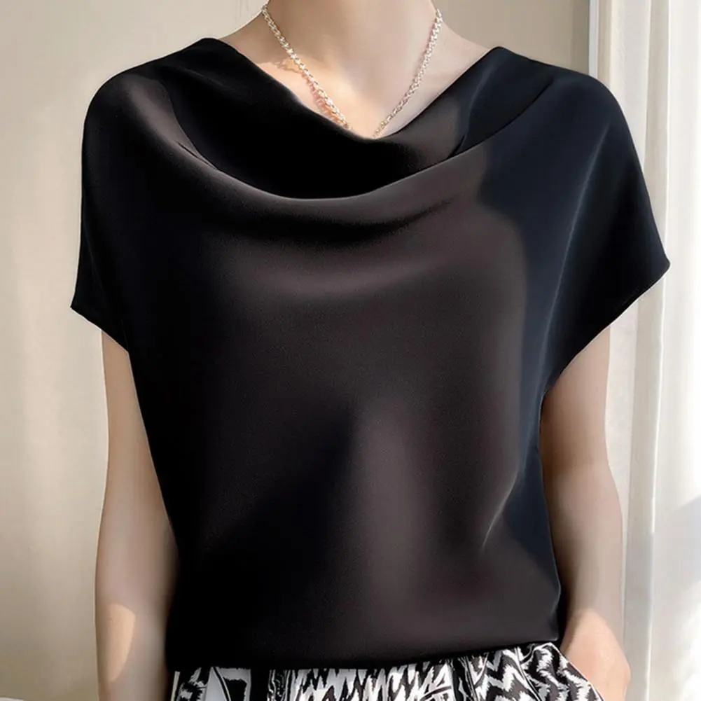 Smooth Satin Women Blouse Summer Piled Collar Short Sleeve Tank Tops Solid Color Women Slim Fit Blouse Versatile Women Blous Top