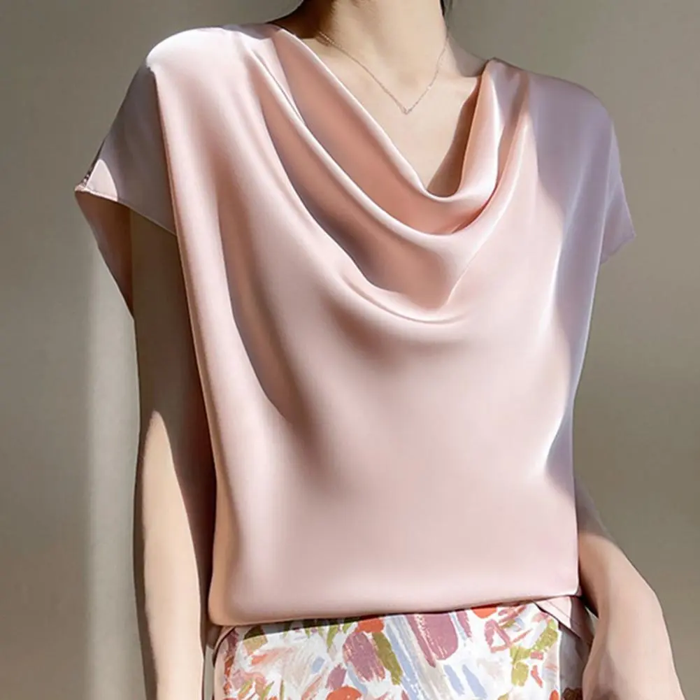 Smooth Satin Women Blouse Summer Piled Collar Short Sleeve Tank Tops Solid Color Women Slim Fit Blouse Versatile Women Blous Top