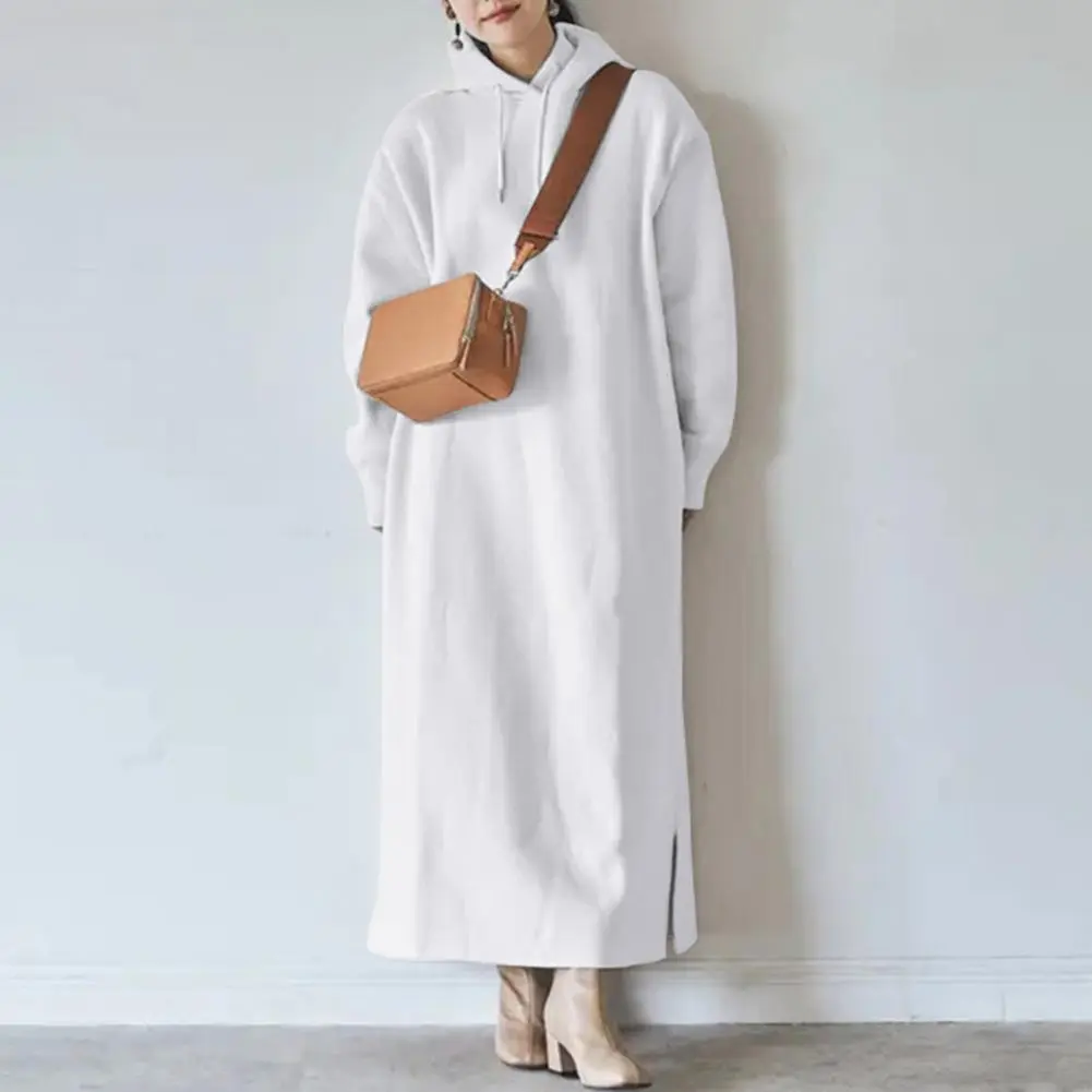 Drawstring Sweatshirt Dress Side Split Hem Thickened Fleece Lining Sweatshirt Dress Autumn Winter Oversized Hooded Maxi Dress