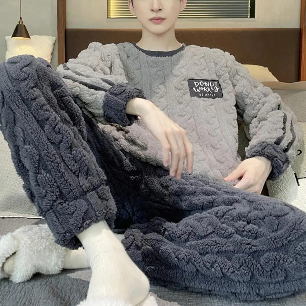 2025 M-L Men Winter Pajamas Set Thick Twisted Texture Loose Elastic Waist Warm Pockets Solid Color Men Homewear Top Pants Set