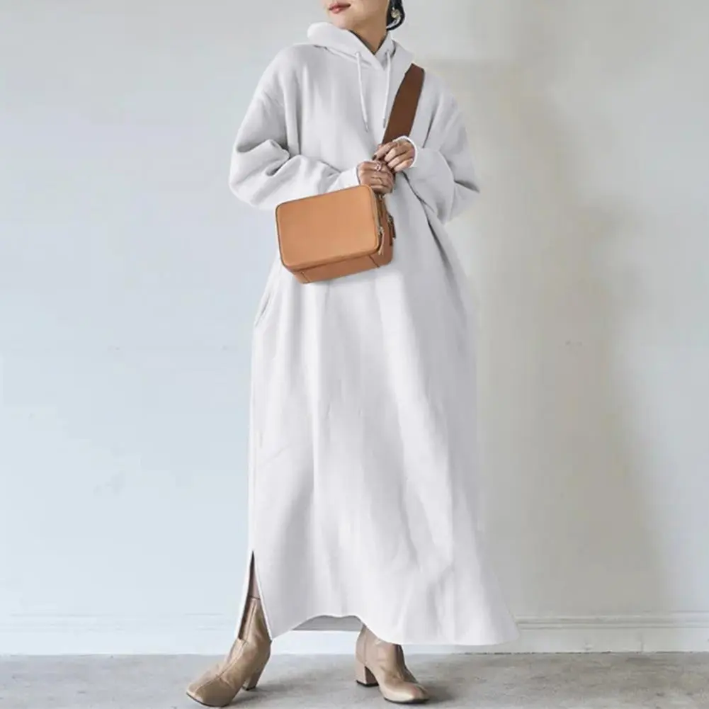 Drawstring Sweatshirt Dress Side Split Hem Thickened Fleece Lining Sweatshirt Dress Autumn Winter Oversized Hooded Maxi Dress