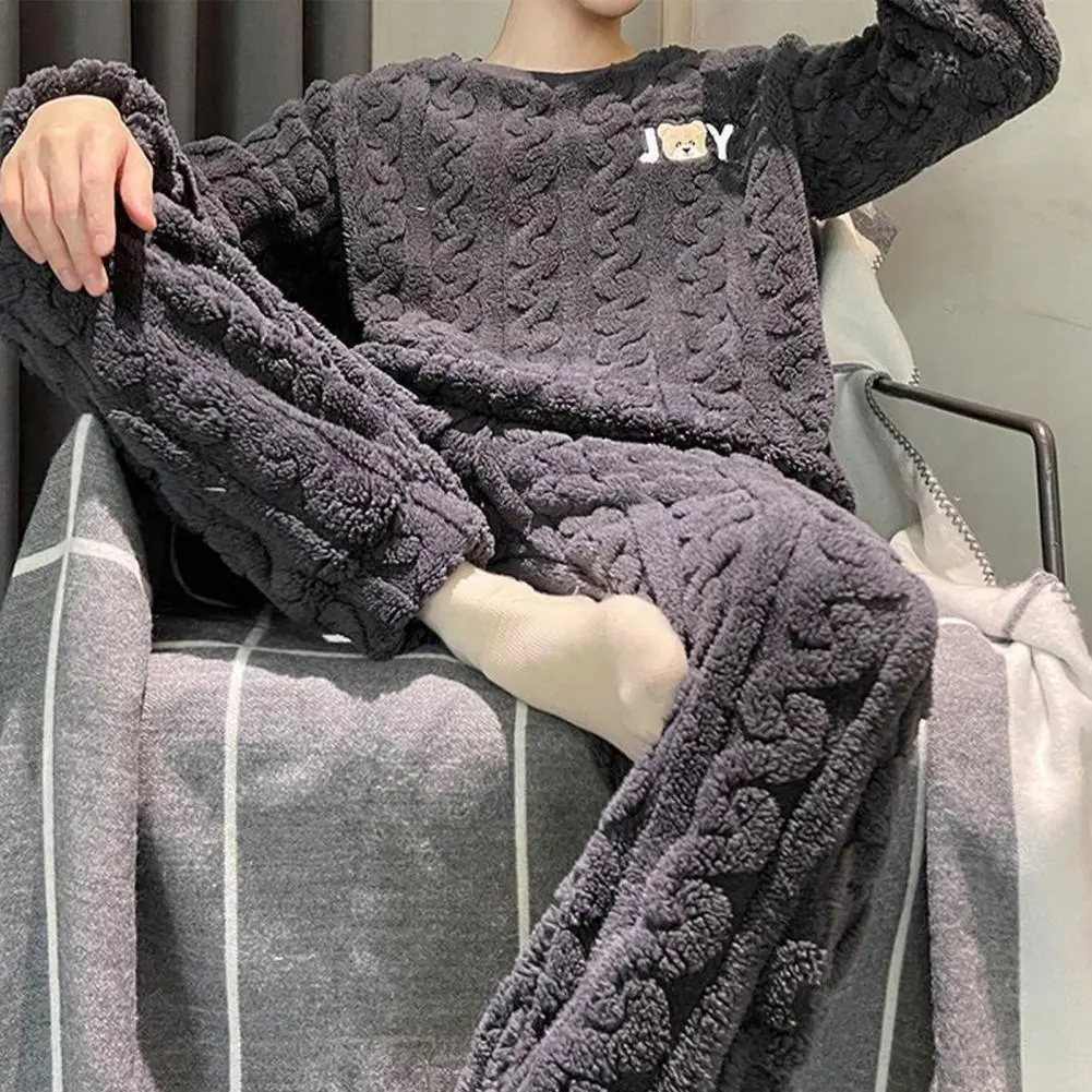 2025 M-L Men Winter Pajamas Set Thick Twisted Texture Loose Elastic Waist Warm Pockets Solid Color Men Homewear Top Pants Set