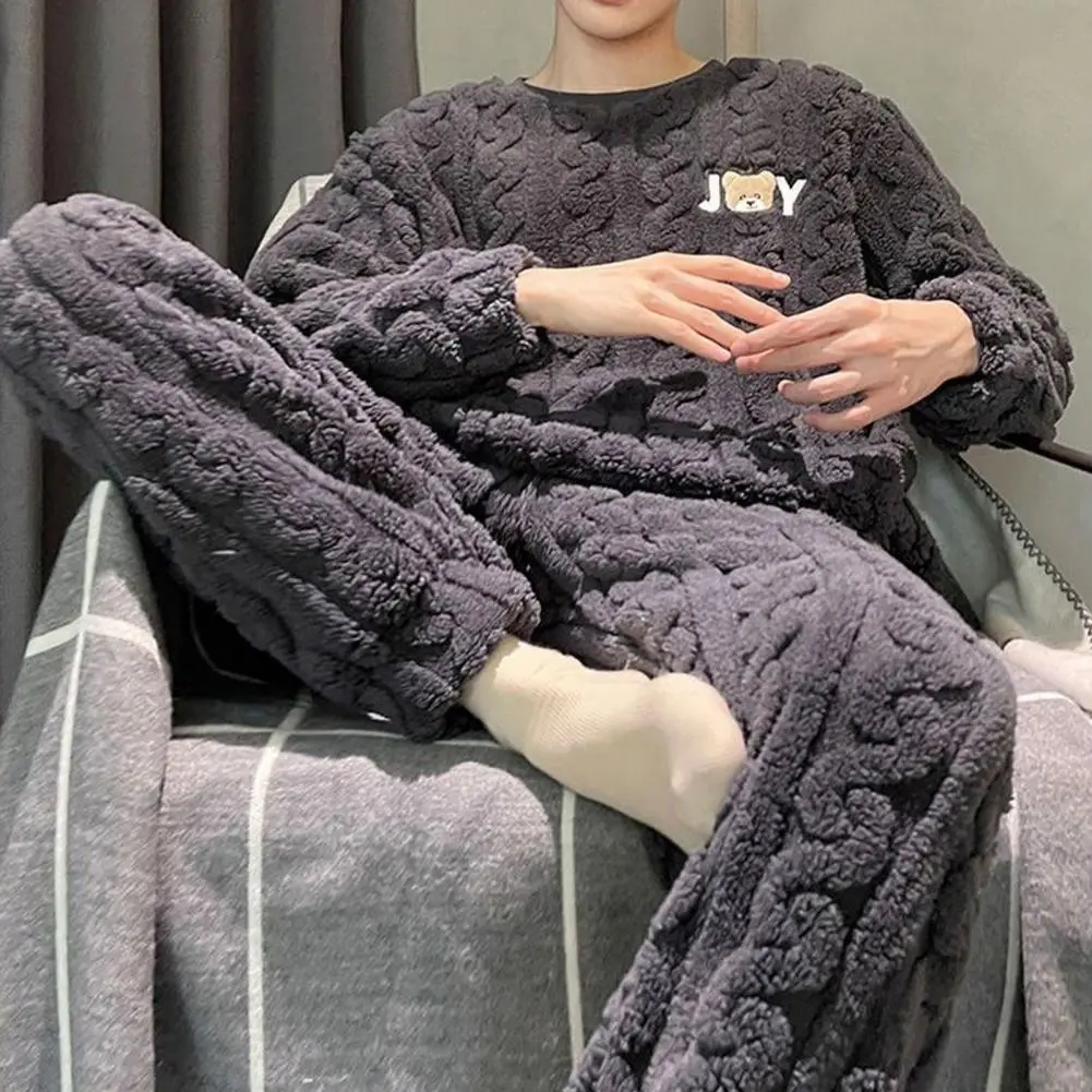 2025 M-L Men Winter Pajamas Set Thick Twisted Texture Loose Elastic Waist Warm Pockets Solid Color Men Homewear Top Pants Set