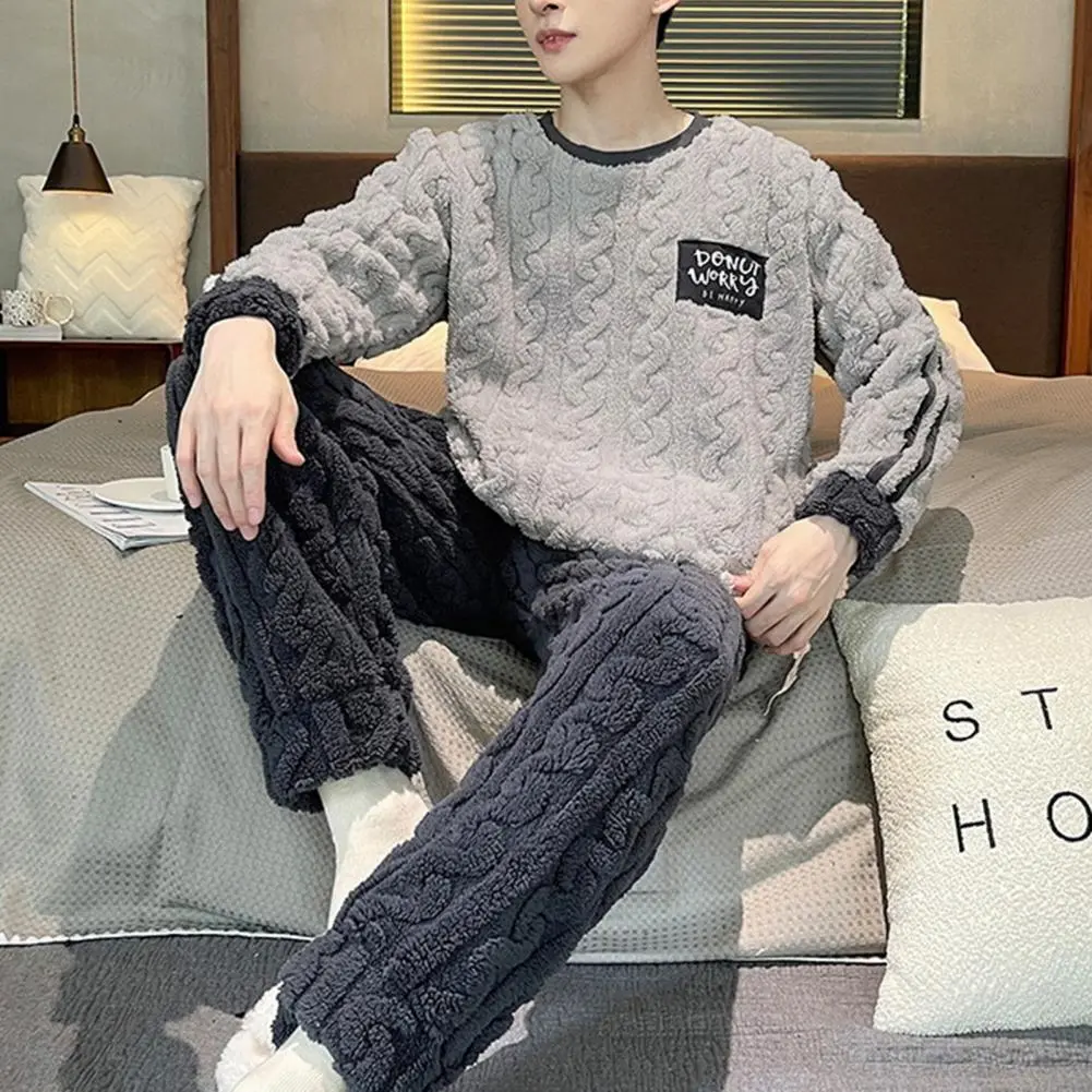 2025 M-L Men Winter Pajamas Set Thick Twisted Texture Loose Elastic Waist Warm Pockets Solid Color Men Homewear Top Pants Set