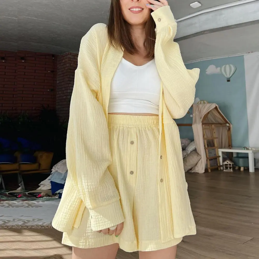 Pleated Women Shirt Shorts Set Casual Loose Women's Cotton Suit Long Sleeve Two Piece Set Women Tracksuit Suit Shirt and Shorts