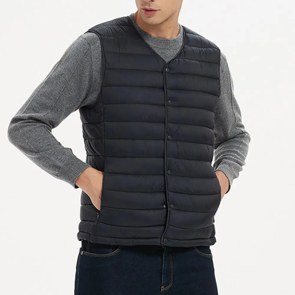Men Down Cotton Vest Solid Color Padded Winter Vest Sleeveless Single-breasted V Neck Windproof Winter Waistcoat Men Winter Coat